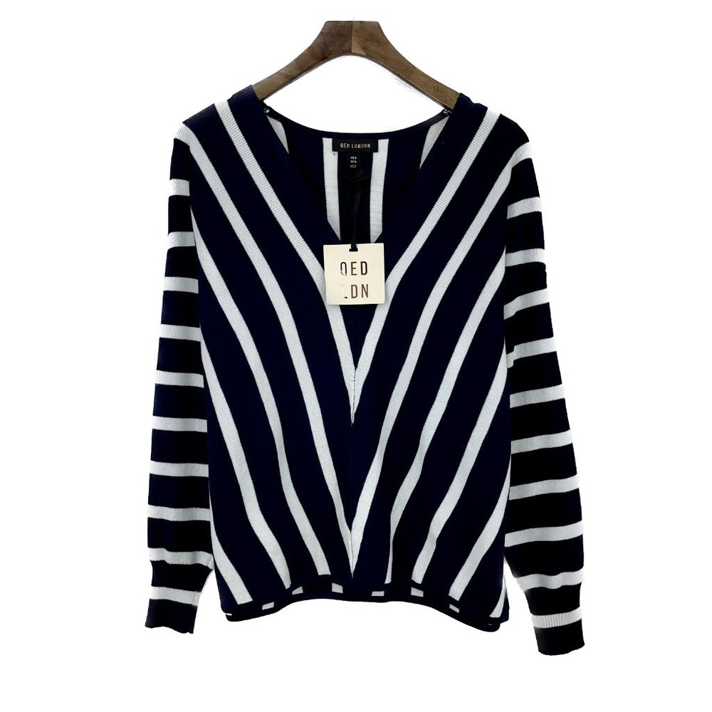 QED LONDON Stripe Navy Blue Sweater V-neck Size M NWT